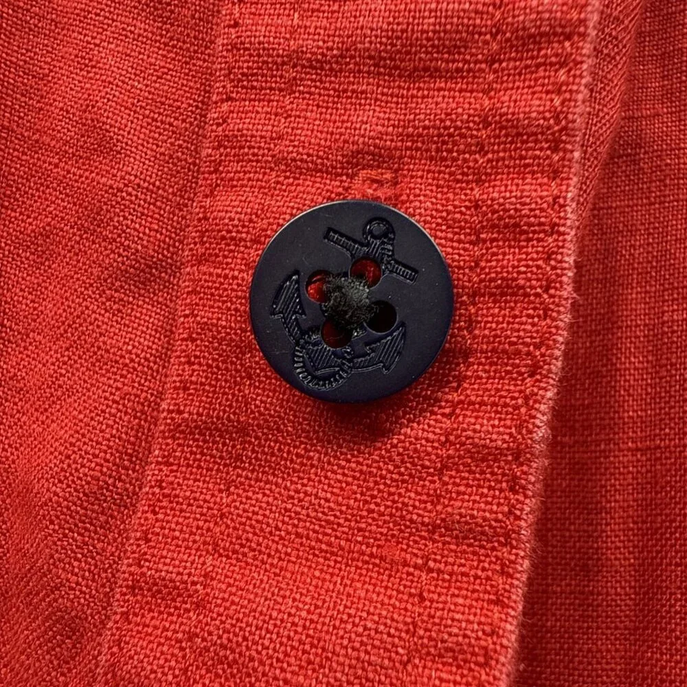 Lauren Ralph Lauren Women's Top Size L 100% Linen Solid Red Blue Anchor Roll Tab